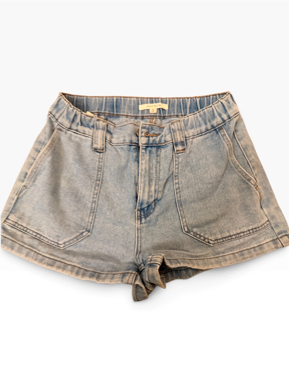 (Size M) PacSun Light Wash Elastic Waist Patch Pocket Denim Shorts Y2k